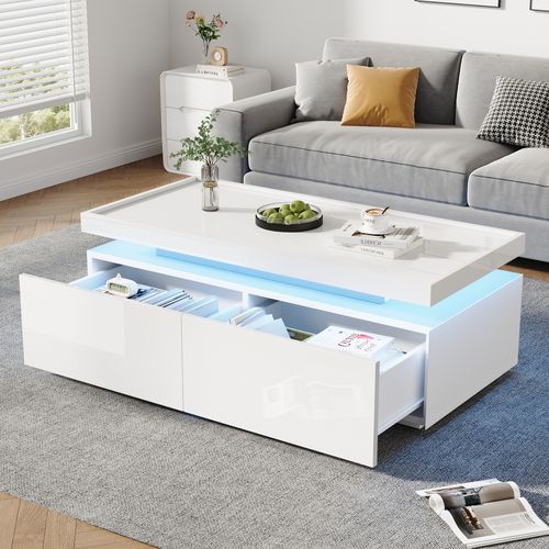 Table Basse Rectangulaire 95x45x35 Cm Avec 2 Tiroirs, LED, Rangements Ouverts, Blanche