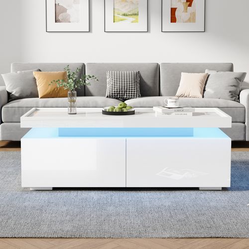Table Basse Rectangulaire 95x45x35 Cm Avec 2 Tiroirs, LED, Rangements Ouverts, Blanche