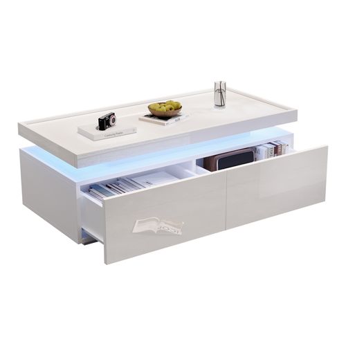 Table Basse Rectangulaire 95x45x35 Cm Avec 2 Tiroirs, LED, Rangements Ouverts, Blanche