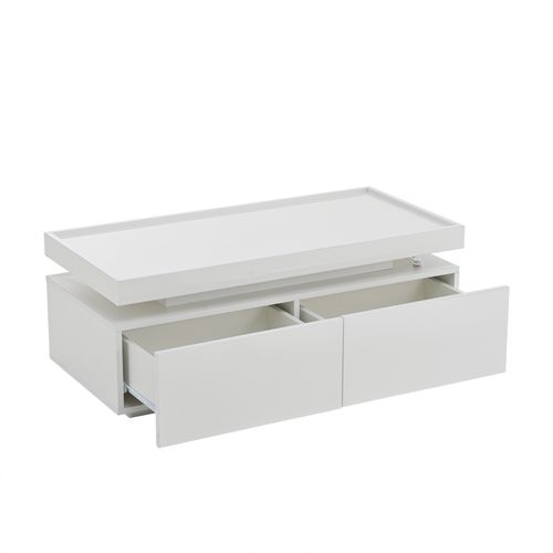 Table Basse Rectangulaire 95x45x35 Cm Avec 2 Tiroirs, LED, Rangements Ouverts, Blanche