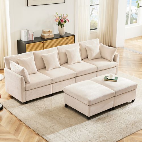 Canapé Modulable 6 Places Avec Ottoman Amovible, 6 Coussins, En Tissu Chenille, Beige
