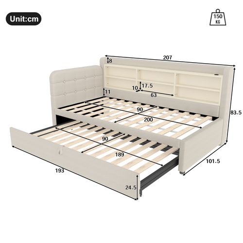 Lit Gigogne Enfant 90x200 Cm, Lit Simple Avec USB, Type-c Et Compartiments De Rangement, Lin, Beige