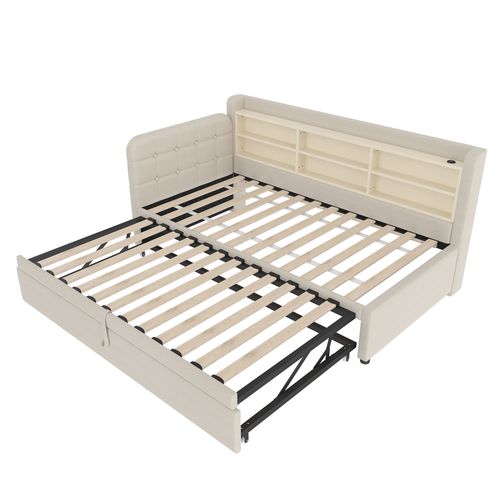 Lit Gigogne Enfant 90x200 Cm, Lit Simple Avec USB, Type-c Et Compartiments De Rangement, Lin, Beige