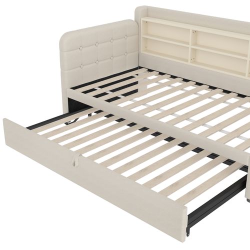 Lit Gigogne Enfant 90x200 Cm, Lit Simple Avec USB, Type-c Et Compartiments De Rangement, Lin, Beige