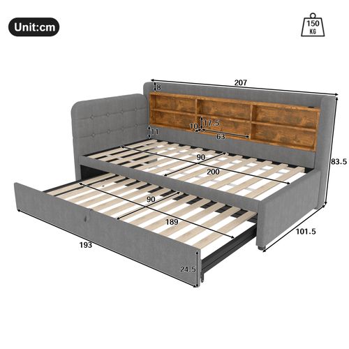 Lit Gigogne Enfant 90x200 Cm, Lit Simple Avec USB, Type-c Et Compartiments De Rangement, Lin, Gris