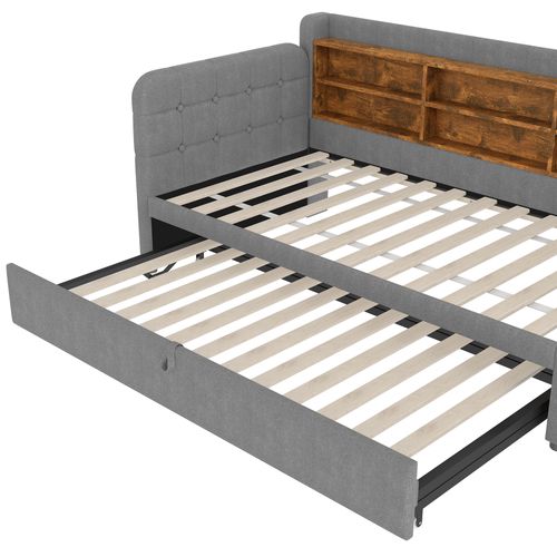 Lit Gigogne Enfant 90x200 Cm, Lit Simple Avec USB, Type-c Et Compartiments De Rangement, Lin, Gris