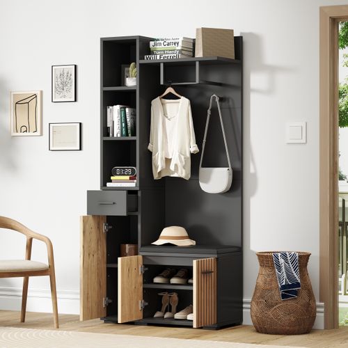 Armoire D’entrée 80x35x175 Cm Avec 1 Tiroir, 3 Portes, Patères Et Banc, Étagère, Noir Et Chêne