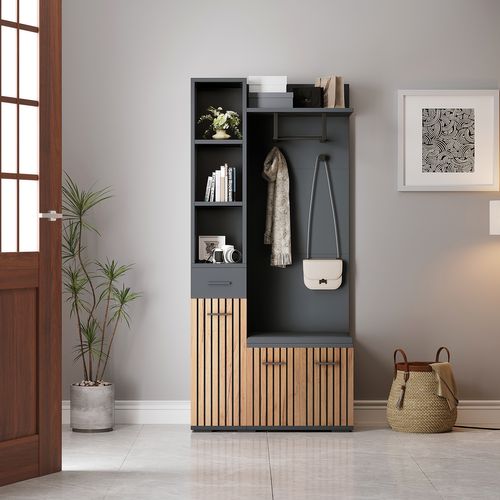 Armoire D’entrée 80x35x175 Cm Avec 1 Tiroir, 3 Portes, Patères Et Banc, Étagère, Noir Et Chêne