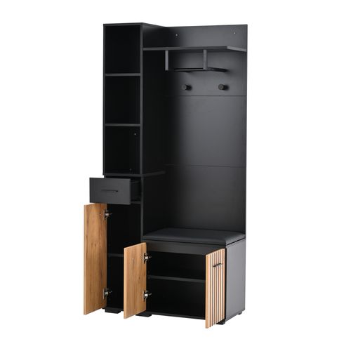 Armoire D’entrée 80x35x175 Cm Avec 1 Tiroir, 3 Portes, Patères Et Banc, Étagère, Noir Et Chêne
