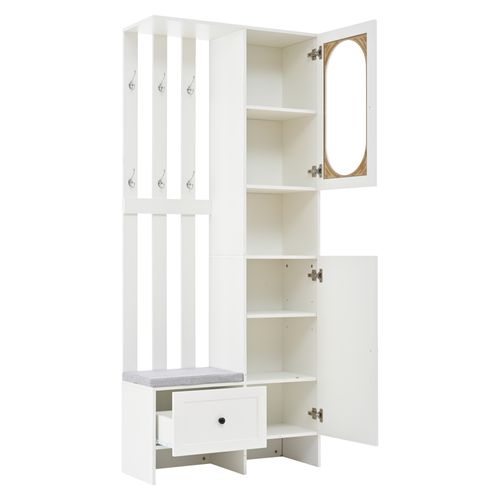 Vestiaire 85x33,5x200 Cm Avec 1 Tiroir, 2 Casiers, Banc à Chaussures, Espace De Rangement, Blanc