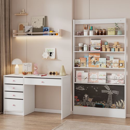 Étagère à Livres 100x10x180 Cm Avec 4 Étagères Ouvertes, Un Tableau, En Mdf, Blanc