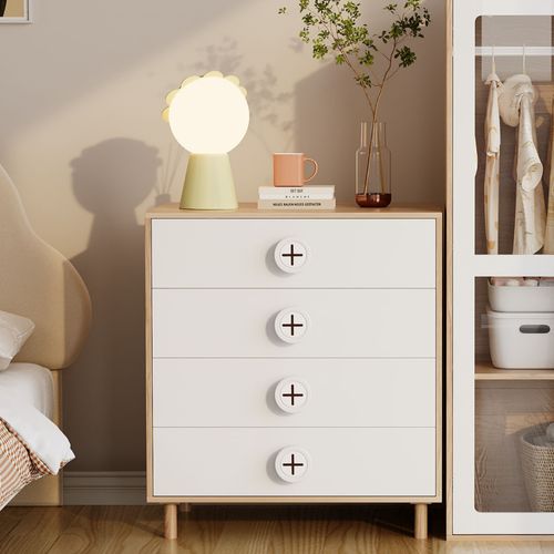 Commode De Chevet 80x54x90 Cm Avec 4 Tiroirs, Pieds De Support, En Mdf, Chêne Et Blanc