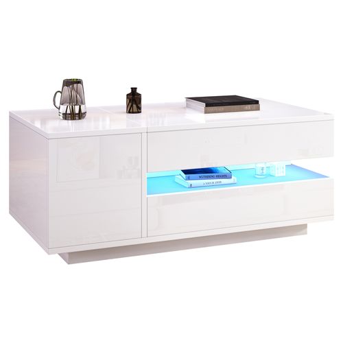 Table Basse Rectangulaire Relevable 95x50x40-54,5 Cm Avec 1 Tiroir, 1 Porte, Rangement, LED, Blanc