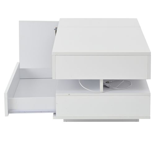 Table Basse Rectangulaire Relevable 95x50x40-54,5 Cm Avec 1 Tiroir, 1 Porte, Rangement, LED, Blanc