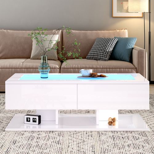 Table Basse Brillante Rectangulaire 100 × 50 × 35 Cm Avec 2 Tiroirs, Éclairage LED, Blanche