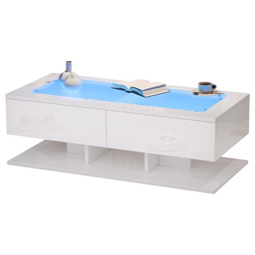 Table Basse Brillante Rectangulaire 100 × 50 × 35 Cm Avec 2 Tiroirs, Éclairage LED, Blanche