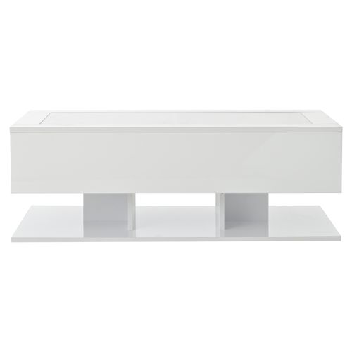 Table Basse Brillante Rectangulaire 100 × 50 × 35 Cm Avec 2 Tiroirs, Éclairage LED, Blanche