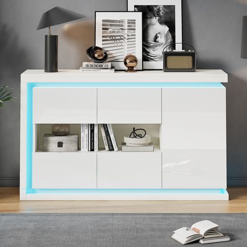 Buffet à Brillant 140x40x84 Cm Avec 3 Portes, LED, En Panneau De Particules, Blanc