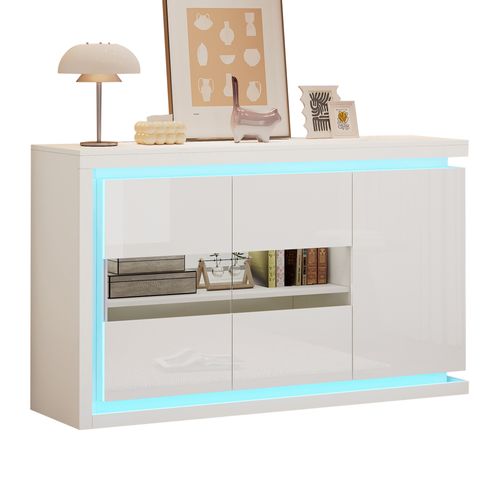 Buffet à Brillant 140x40x84 Cm Avec 3 Portes, LED, En Panneau De Particules, Blanc