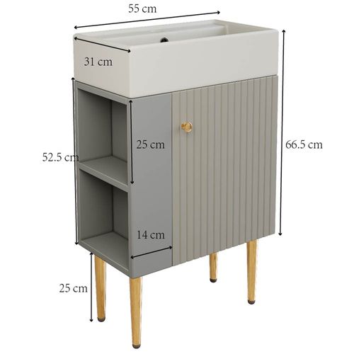 Lave main 55x31x91.5 Cm Avec 4 Pieds, Rangement, Montage Simple, En Mdf, Gris
