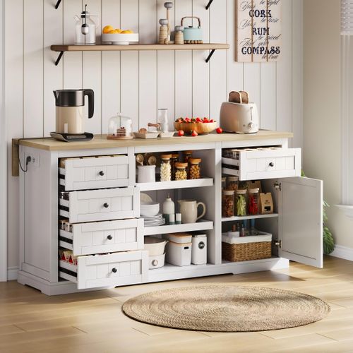 Buffet De Cuisine 150×65×75,5 Cm Avec 5 Tiroirs, 1 Porte, 2 Étagères Coulissantes, En Mdf, Blanc