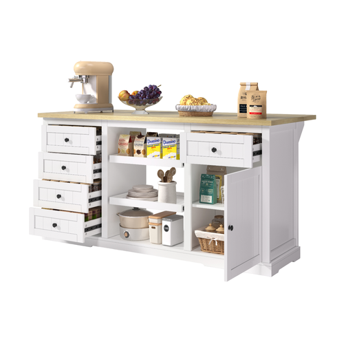 Buffet De Cuisine 150×65×75,5 Cm Avec 5 Tiroirs, 1 Porte, 2 Étagères Coulissantes, En Mdf, Blanc