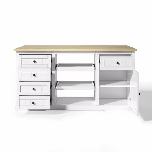 Buffet De Cuisine 150×65×75,5 Cm Avec 5 Tiroirs, 1 Porte, 2 Étagères Coulissantes, En Mdf, Blanc