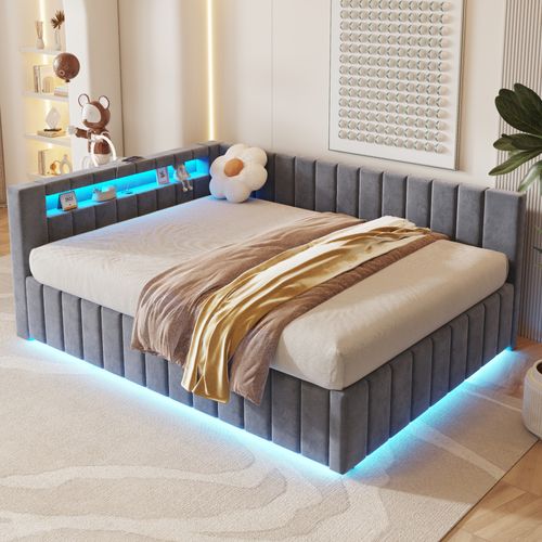 Lit Coffre Adulte 140x200 Cm Avec Rangement, Lit Double Avec LED Et USB, Velours, Gris