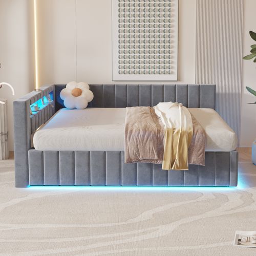 Lit Coffre Adulte 140x200 Cm Avec Rangement, Lit Double Avec LED Et USB, Velours, Gris