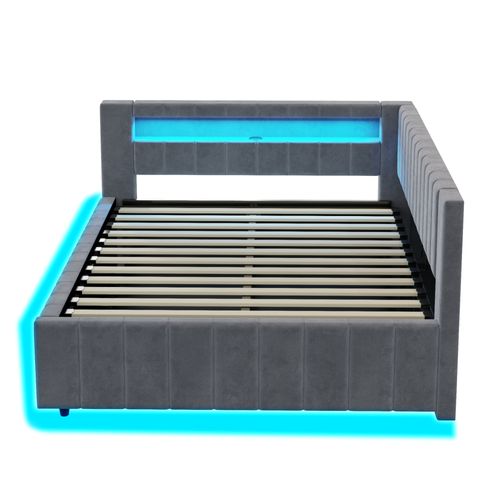 Lit Coffre Adulte 140x200 Cm Avec Rangement, Lit Double Avec LED Et USB, Velours, Gris