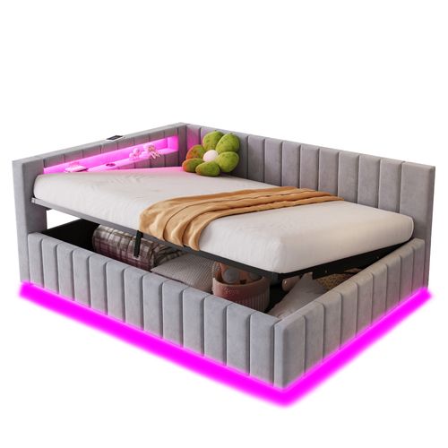 Lit Coffre Adulte 140x200 Cm Avec Rangement, Lit Double Avec LED Et USB, Velours, Gris Clair
