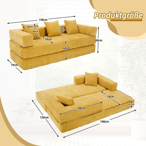 Canapé Modulable 2 Places 198x79x60 Cm Avec Poches Latérales, En Tissu Chenille, Jaune Moutarde