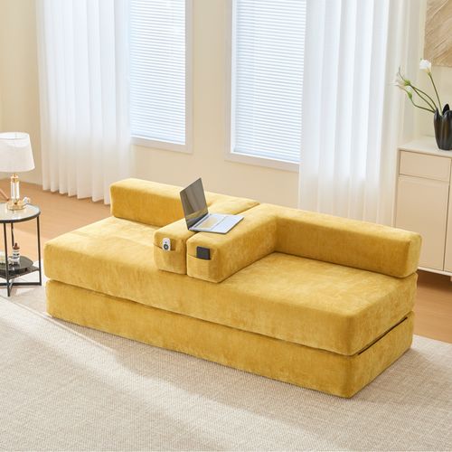 Canapé Modulable 2 Places 198x79x60 Cm Avec Poches Latérales, En Tissu Chenille, Jaune Moutarde