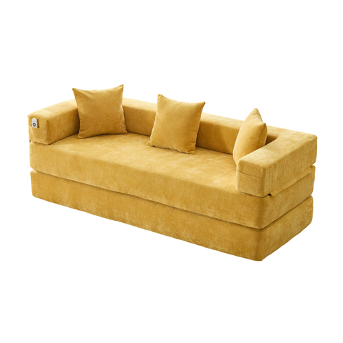 Canapé Modulable 2 Places 198x79x60 Cm Avec Poches Latérales, En Tissu Chenille, Jaune Moutarde