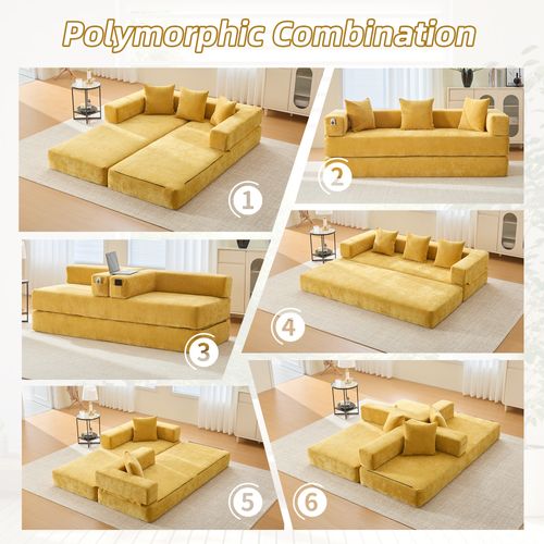 Canapé Modulable 2 Places 198x79x60 Cm Avec Poches Latérales, En Tissu Chenille, Jaune Moutarde