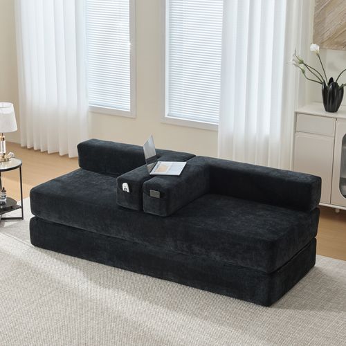 Canapé Modulable 2 Places 198x79x60 Cm Avec Poches Latérales, En Tissu Chenille, Noir