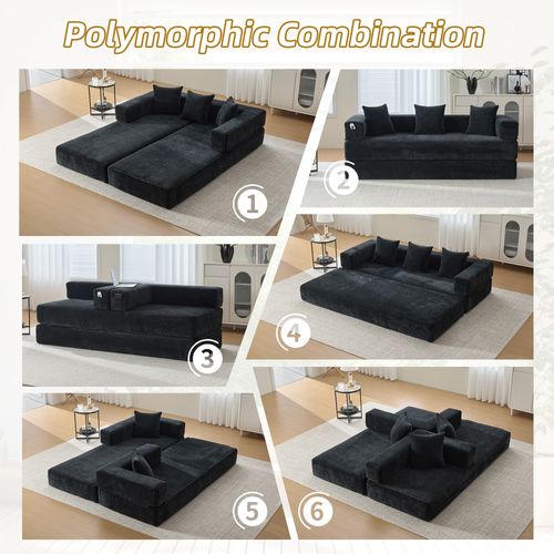 Canapé Modulable 2 Places 198x79x60 Cm Avec Poches Latérales, En Tissu Chenille, Noir