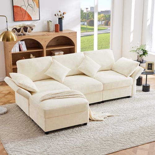 Canapé Modulaire 3 Places Avec Ottoman, 4 Coussins Et Accoudoirs Réglables, Tissu Chenille, Beige
