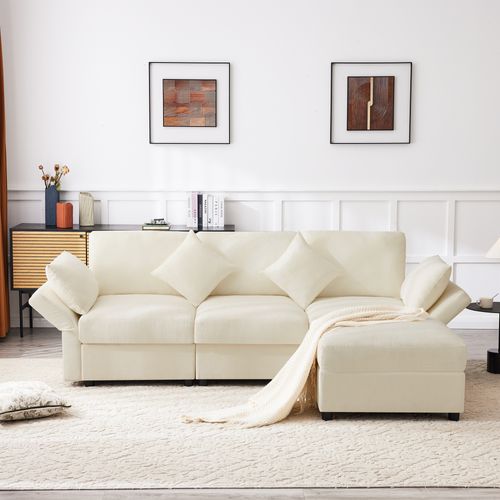 Canapé Modulaire 3 Places Avec Ottoman, 4 Coussins Et Accoudoirs Réglables, Tissu Chenille, Beige