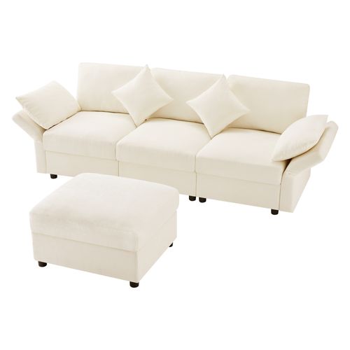 Canapé Modulaire 3 Places Avec Ottoman, 4 Coussins Et Accoudoirs Réglables, Tissu Chenille, Beige