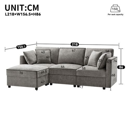 Canapé Modulaire 3 Places Avec Ottoman, 4 Coussins Et Accoudoirs Réglables, Tissu Chenille, Gris