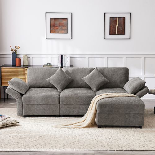 Canapé Modulaire 3 Places Avec Ottoman, 4 Coussins Et Accoudoirs Réglables, Tissu Chenille, Gris