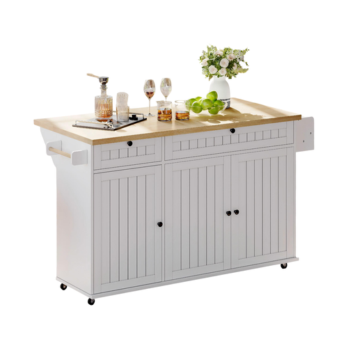 Chariot De Cuisine 137x70x89,5 Cm Avec 2 Tiroirs, 3 Portes, Roulettes, Étagère, En Mdf, Blanc