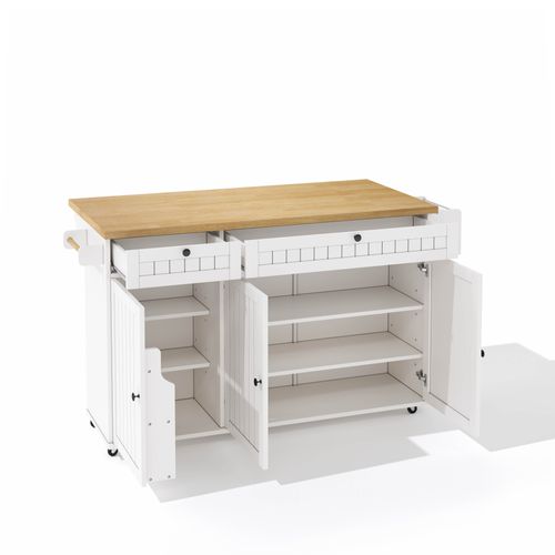 Chariot De Cuisine 137x70x89,5 Cm Avec 2 Tiroirs, 3 Portes, Roulettes, Étagère, En Mdf, Blanc