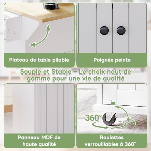 Chariot De Cuisine 137x70x89,5 Cm Avec 2 Tiroirs, 3 Portes, Roulettes, Étagère, En Mdf, Blanc