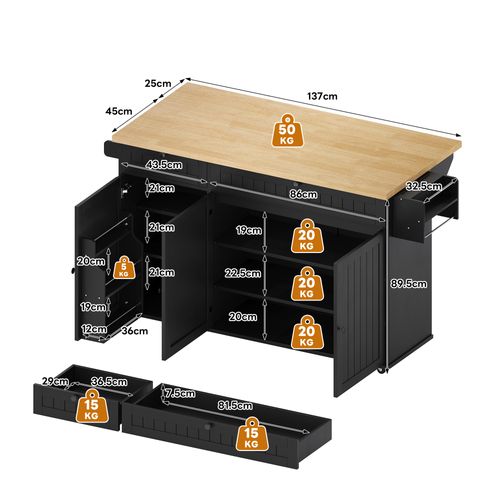 Chariot De Cuisine 137x70x89,5 Cm Avec 2 Tiroirs, 3 Portes, Roulettes, Étagère, En Mdf, Noir
