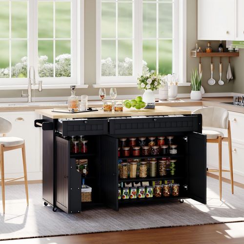 Chariot De Cuisine 137x70x89,5 Cm Avec 2 Tiroirs, 3 Portes, Roulettes, Étagère, En Mdf, Noir