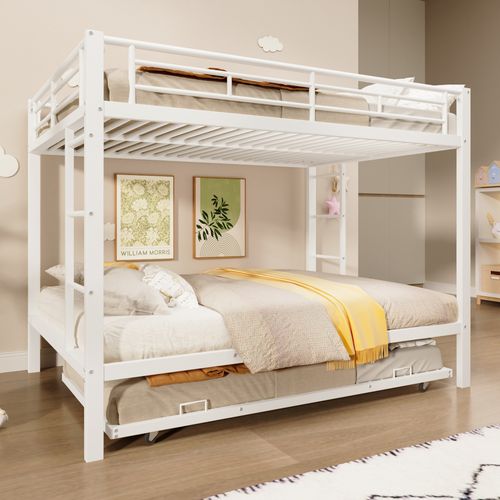 Lit Superposé 140x200 Cm x2 + Lit Gigogne 90x190 Cm Avec Barrières De Sécurité, Métal, Blanc