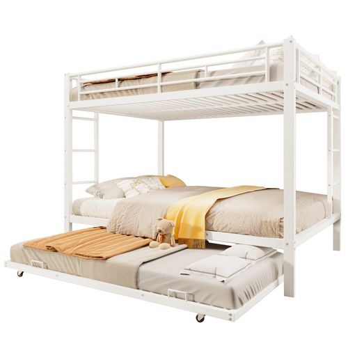 Lit Superposé 140x200 Cm x2 + Lit Gigogne 90x190 Cm Avec Barrières De Sécurité, Métal, Blanc