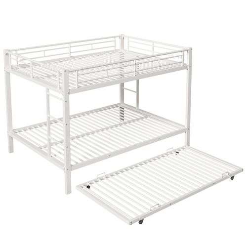 Lit Superposé 140x200 Cm x2 + Lit Gigogne 90x190 Cm Avec Barrières De Sécurité, Métal, Blanc